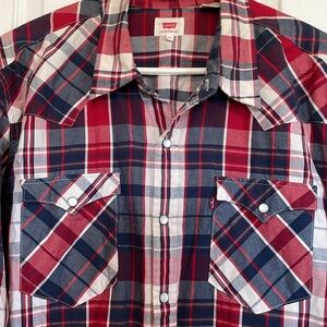 Men’s XXL Levi pearl snap Red/Blue Plaid Button down Shirt western cowboy rodeo